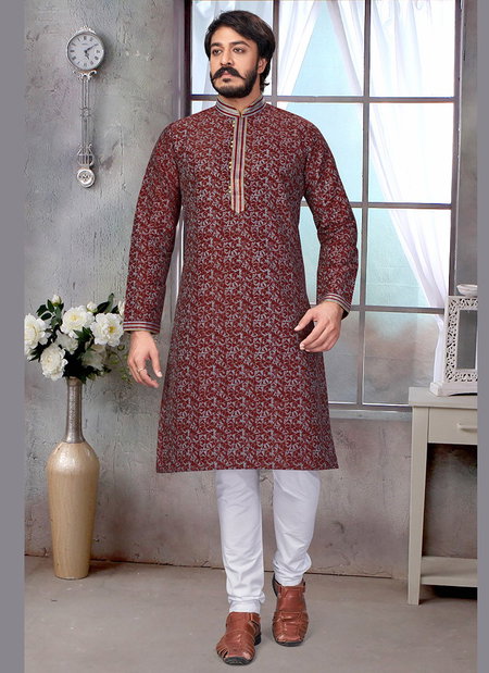 Maroon Colour Outluk Vol 23 Stylish Latest Fancy Designer Party And Function Wear Traditional Jacquard Silk Printed Kurta Churidar Pajama Redymade Collection 23001